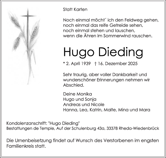 Traueranzeige von Hugo Dieding von Die Glocke