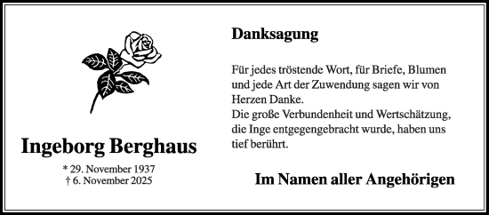 Traueranzeige von Ingeborg Berghaus von Die Glocke