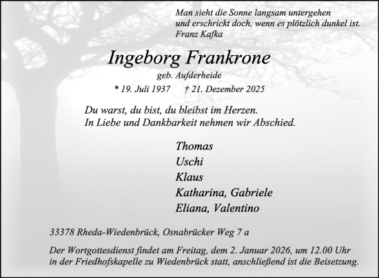Traueranzeige von Ingeborg Frankrone von Die Glocke