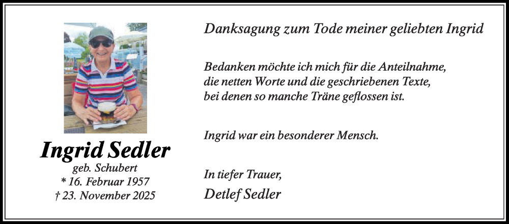  Traueranzeige für Ingrid Sedler vom 20.12.2025 aus Die Glocke