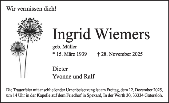 Traueranzeige von Ingrid Wiemers von Die Glocke