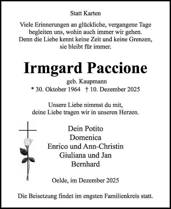 Traueranzeige von Irmgard Paccione von Die Glocke