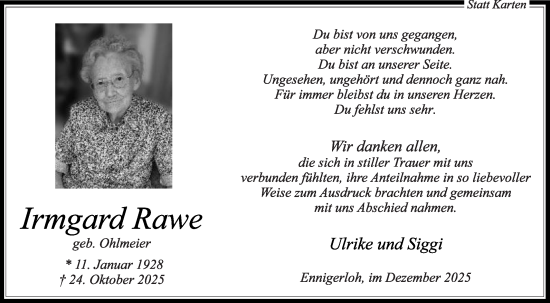 Traueranzeige von Irmgard Rawe von Die Glocke