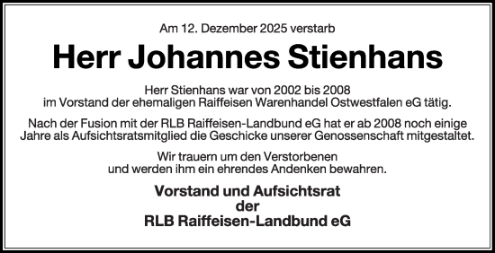 Traueranzeige von Johannes Stienhans von Die Glocke