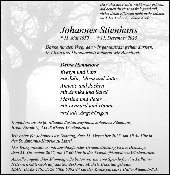 Traueranzeige von Johannes Stienhans von Die Glocke