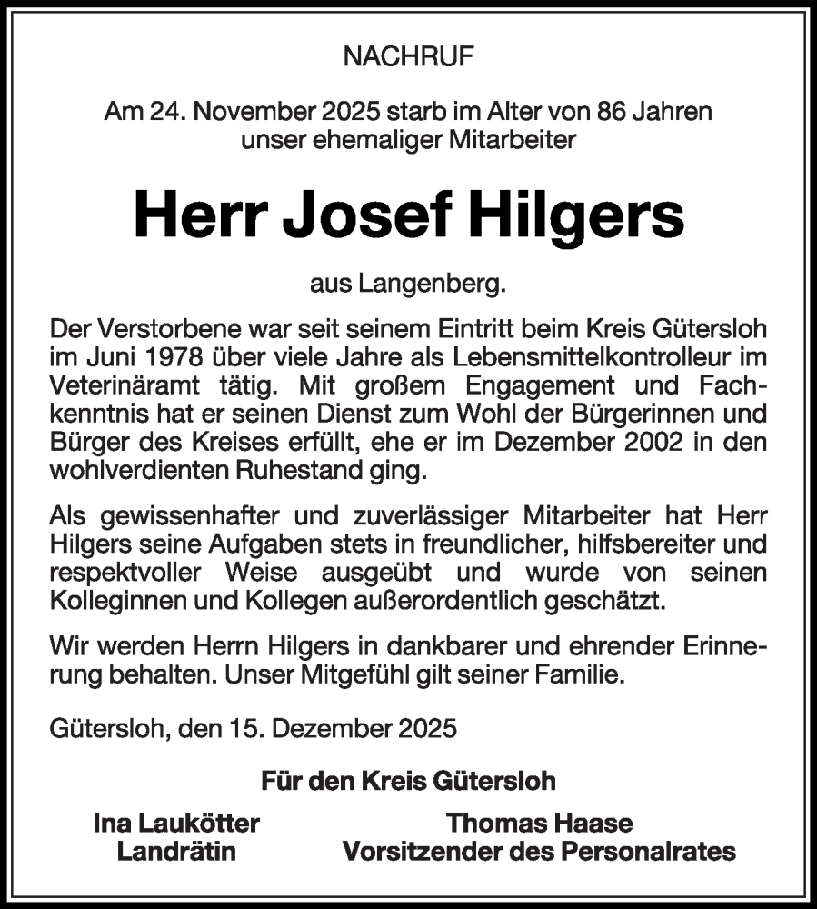  Traueranzeige für Josef Hilgers vom 20.12.2025 aus Die Glocke