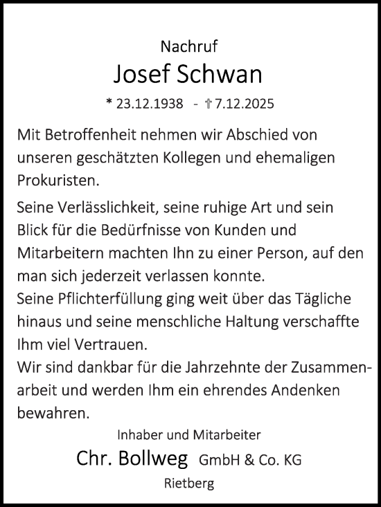 Traueranzeige von Josef Schwan von Die Glocke