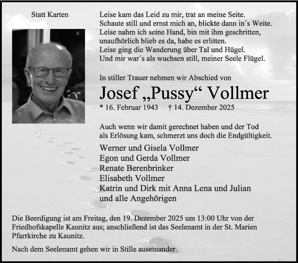  Traueranzeige für Josef Vollmer vom 17.12.2025 aus Die Glocke