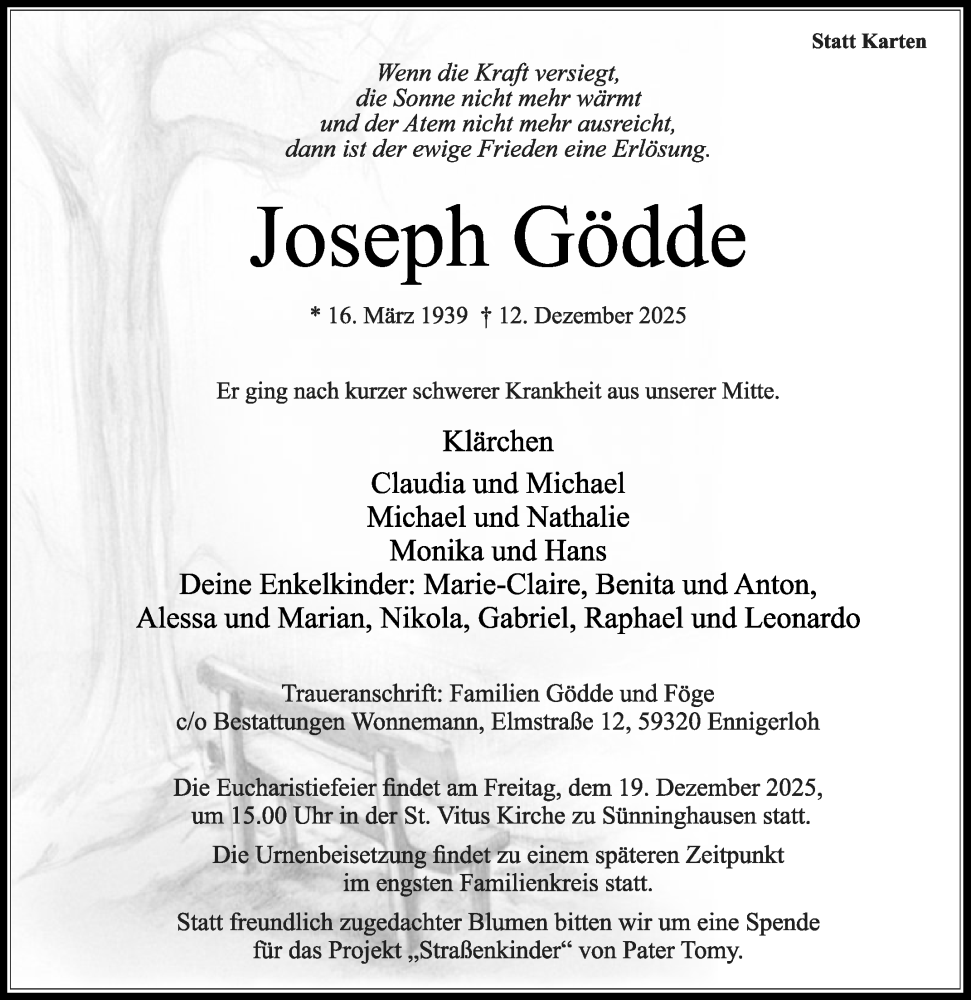  Traueranzeige für Joseph Gödde vom 17.12.2025 aus Die Glocke