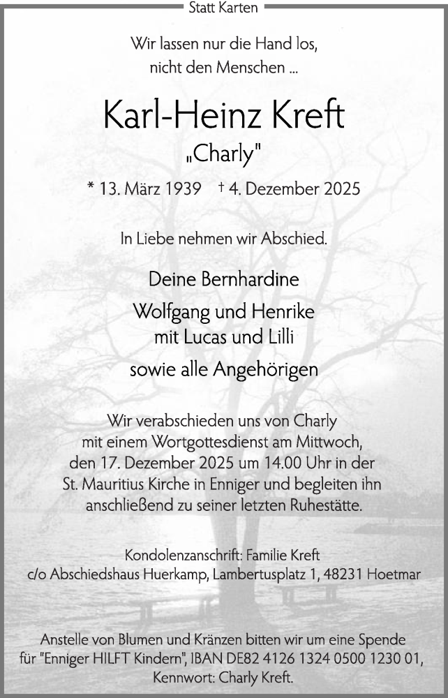  Traueranzeige für Karl-Heinz Kreft vom 10.12.2025 aus Die Glocke