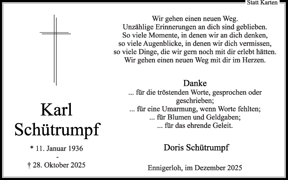  Traueranzeige für Karl Schütrumpf vom 13.12.2025 aus Die Glocke