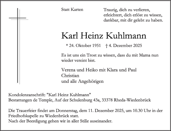 Traueranzeige von Karl Heinz Kuhlmann von Die Glocke