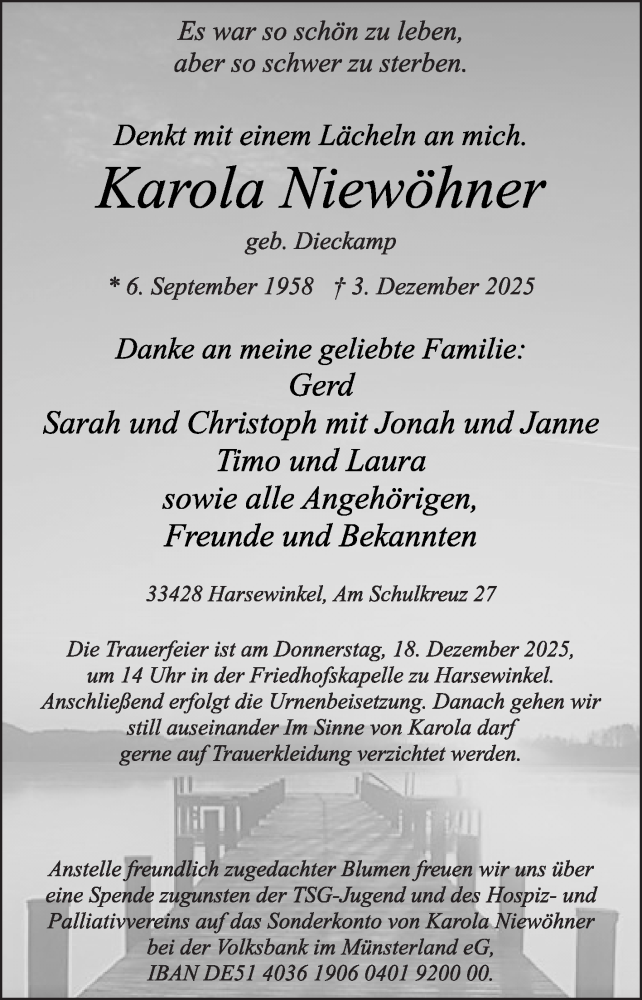  Traueranzeige für Karola Niewöhner vom 13.12.2025 aus Die Glocke
