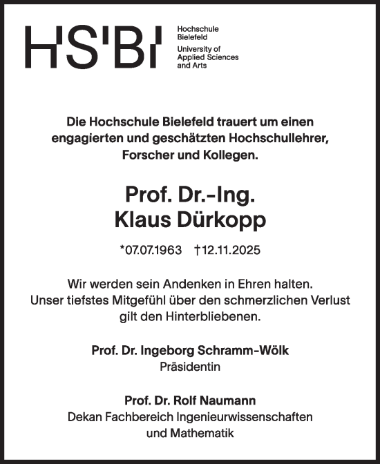 Traueranzeige von Klaus Dürkopp von Die Glocke