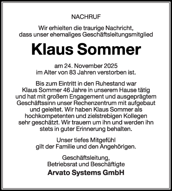 Traueranzeige von Klaus Sommer von Die Glocke