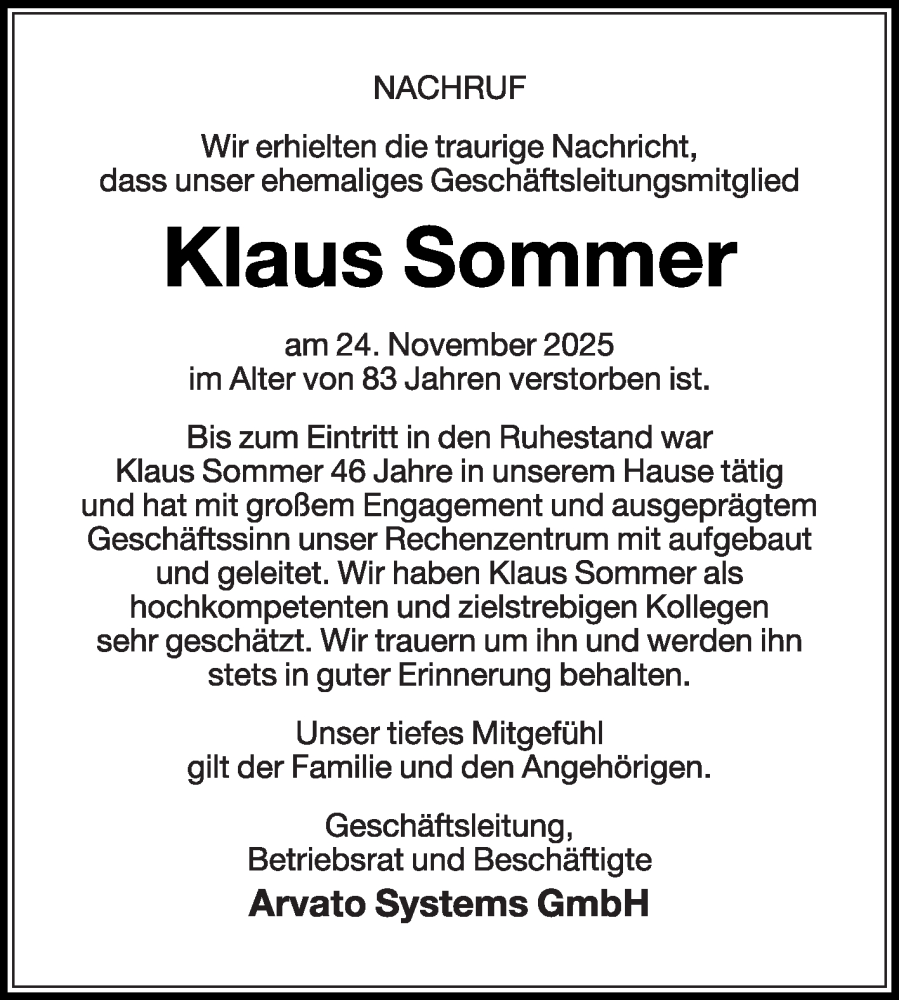  Traueranzeige für Klaus Sommer vom 06.12.2025 aus Die Glocke