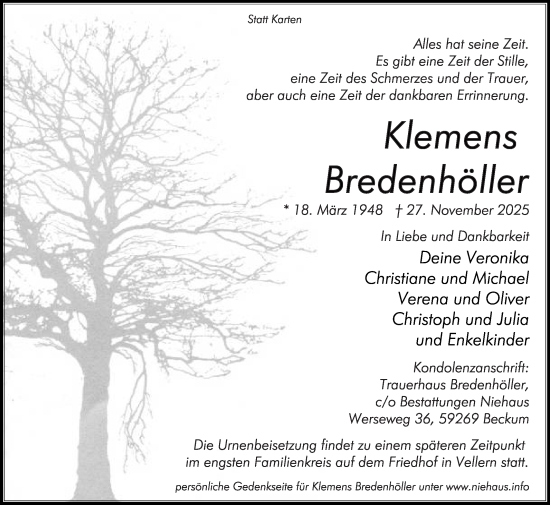 Traueranzeige von Klemens Bredenhöller von Die Glocke