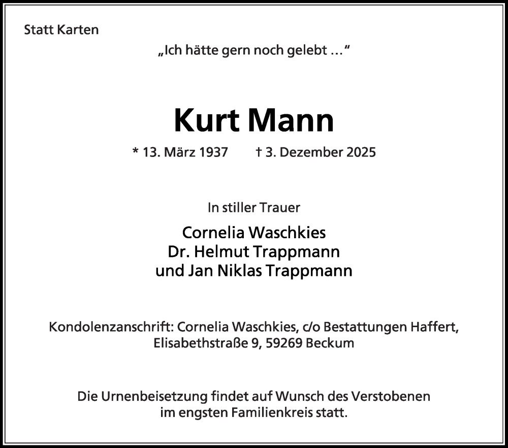  Traueranzeige für Kurt Mann vom 13.12.2025 aus Die Glocke