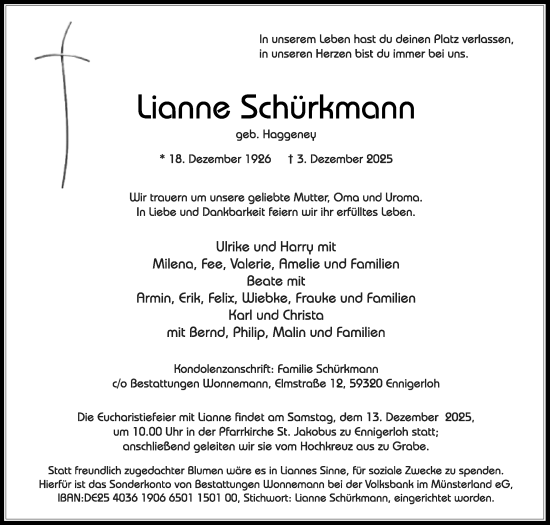 Traueranzeige von Lianne Schürkmann von Die Glocke