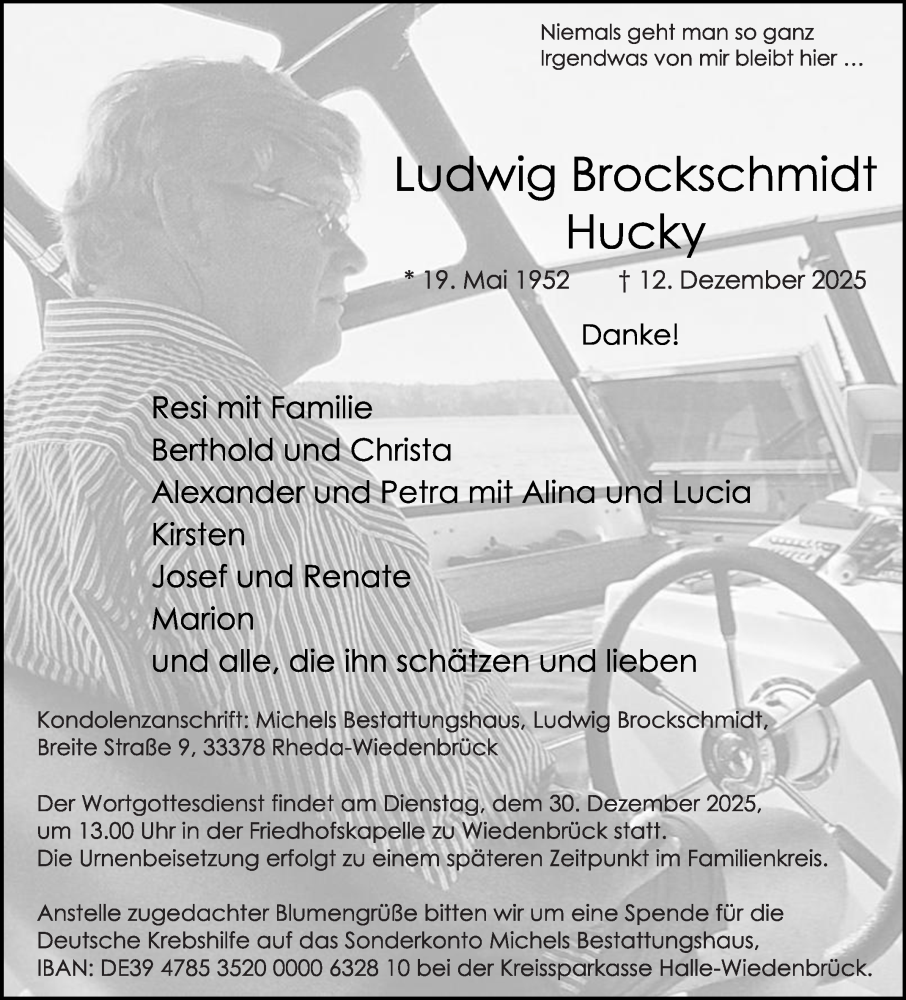  Traueranzeige für Ludwig Brockschmidt vom 24.12.2025 aus Die Glocke