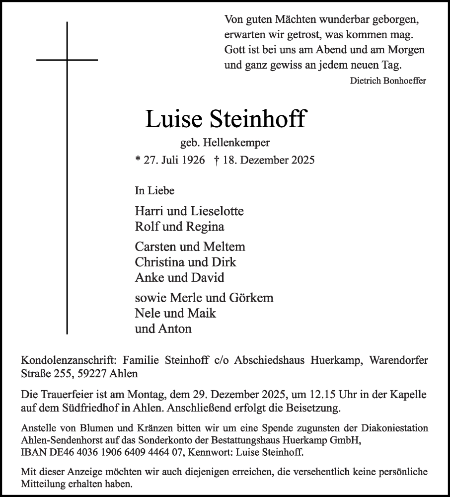  Traueranzeige für Luise Steinhoff vom 24.12.2025 aus Die Glocke