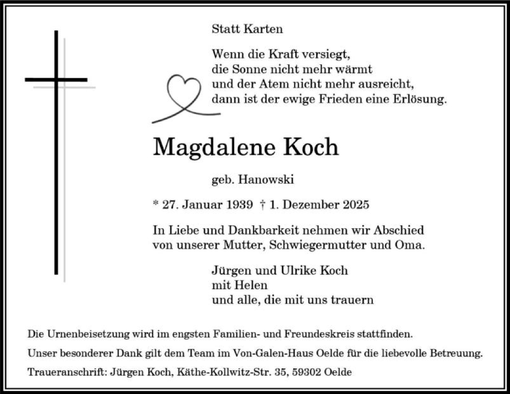  Traueranzeige für Magdalene Koch vom 13.12.2025 aus Die Glocke
