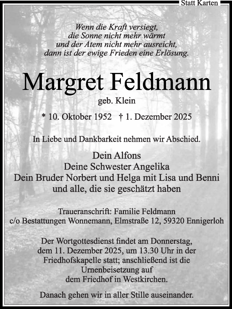  Traueranzeige für Margret Feldmann vom 06.12.2025 aus Die Glocke