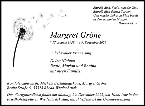 Traueranzeige von Margret Gröne von Die Glocke
