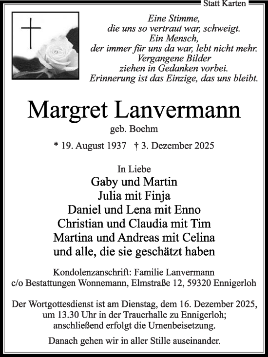 Traueranzeige von Margret Lanvermann von Die Glocke