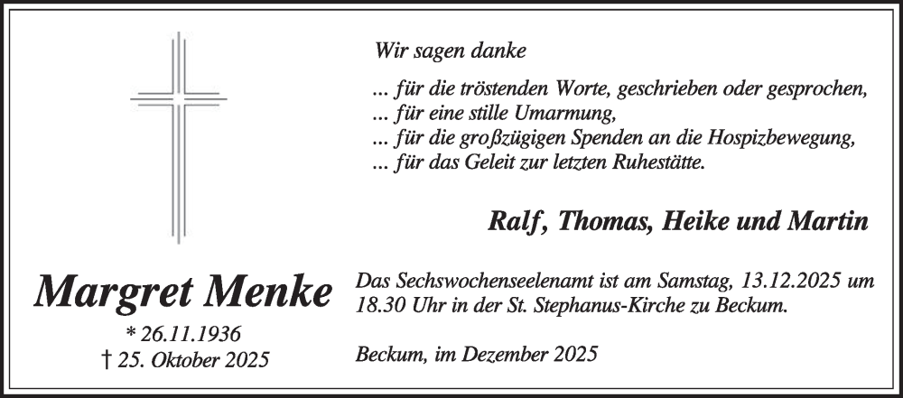  Traueranzeige für Margret Menke vom 06.12.2025 aus Die Glocke