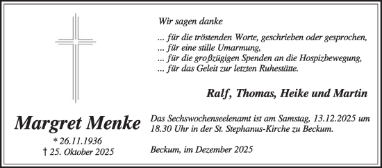 Traueranzeige von Margret Menke von Die Glocke