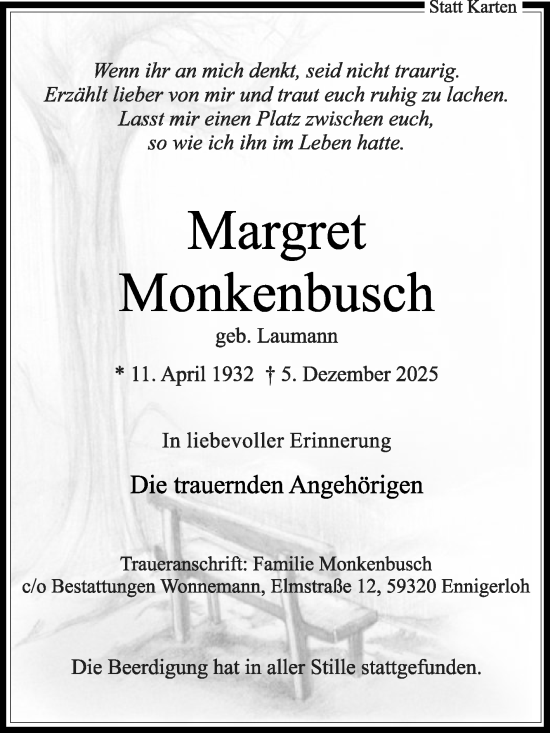 Traueranzeige von Margret Monkenbusch von Die Glocke