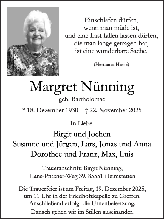 Traueranzeige von Margret Nünning von Die Glocke