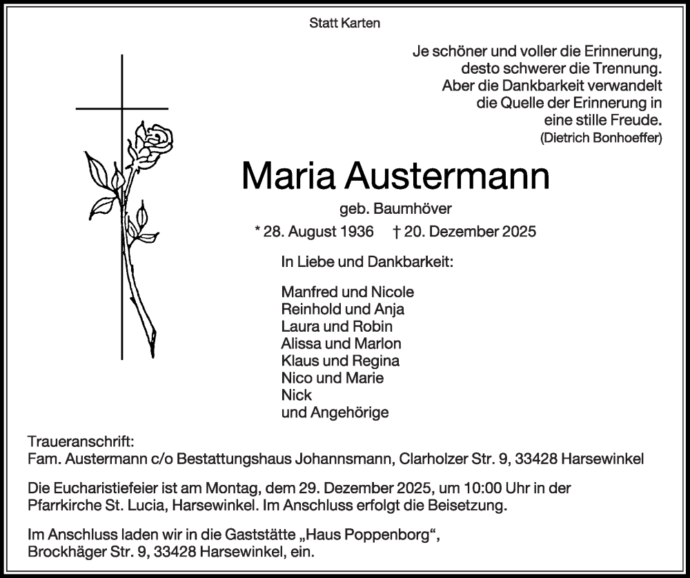  Traueranzeige für Maria Austermann vom 24.12.2025 aus Die Glocke