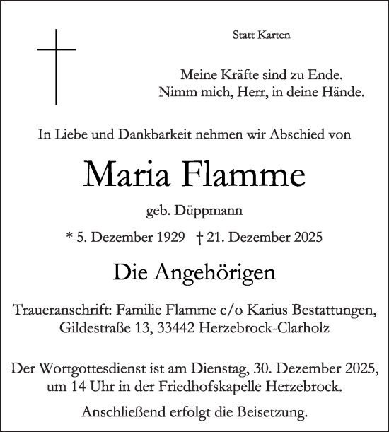 Traueranzeige von Maria Flamme von Die Glocke