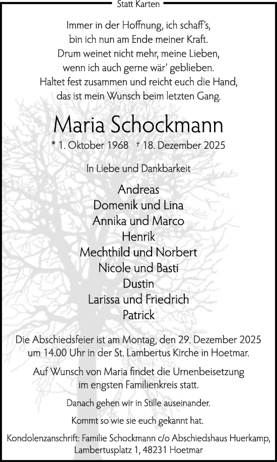 Traueranzeige von Maria Schockmann von Die Glocke
