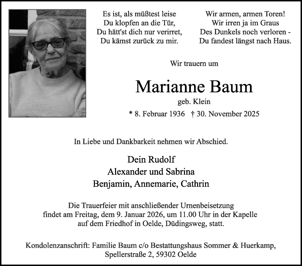  Traueranzeige für Marianne Baum vom 20.12.2025 aus Die Glocke