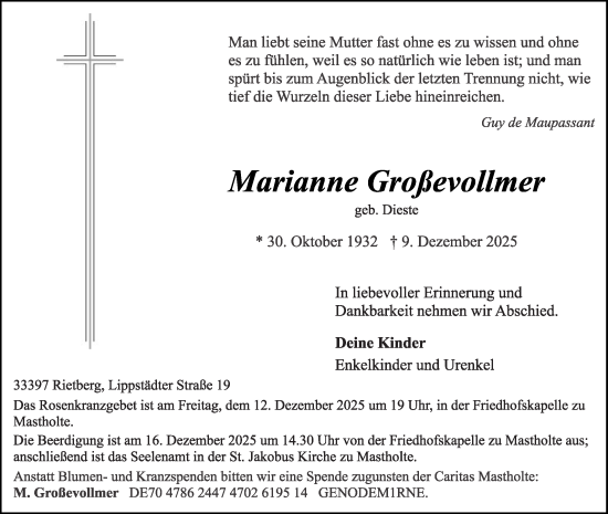 Traueranzeige von Marianne Großevollmer von Die Glocke