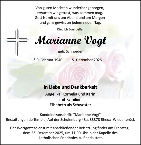 Traueranzeige von Marianne Vogt von Die Glocke