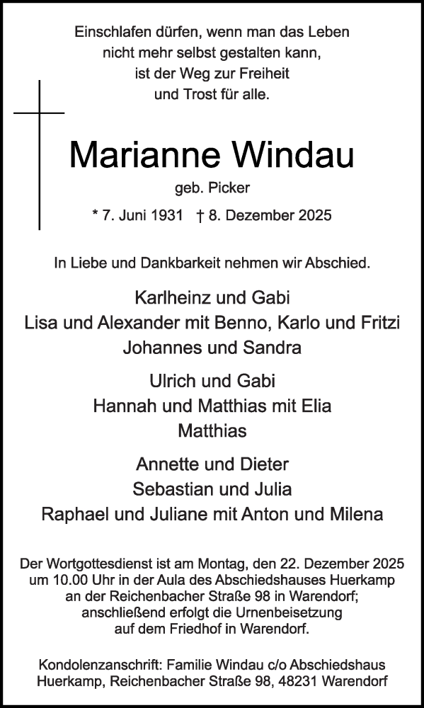 Traueranzeige für Marianne Windau vom 13.12.2025 aus Die Glocke