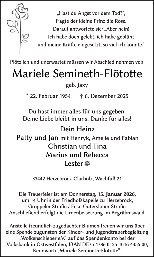  Traueranzeige für Mariele Semineth-Flötotte vom 13.12.2025 aus Die Glocke