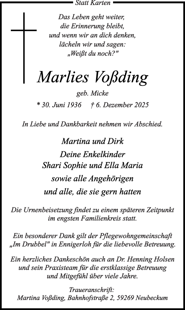  Traueranzeige für Marlies Voßding vom 13.12.2025 aus Die Glocke