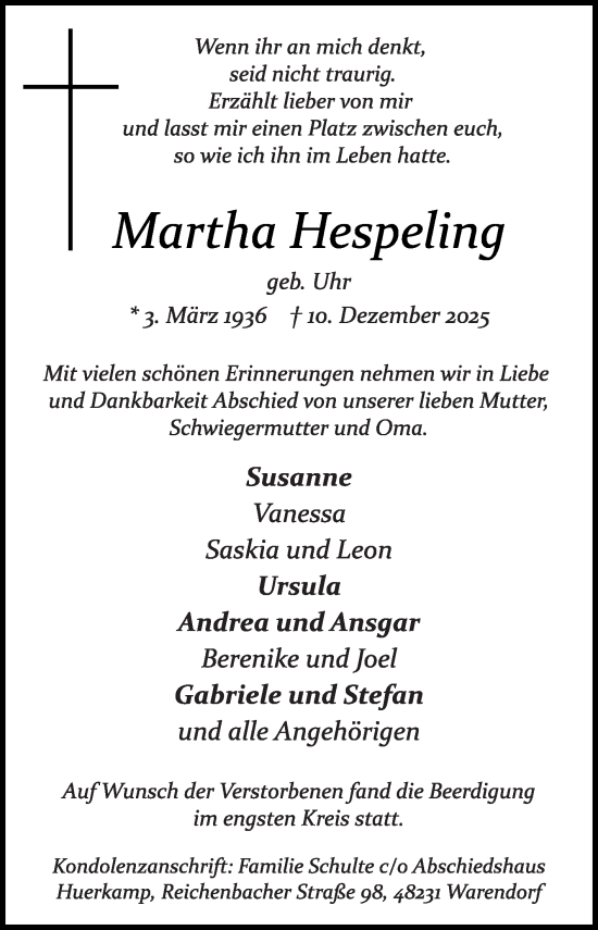 Traueranzeige von Martha Hespeling von Die Glocke