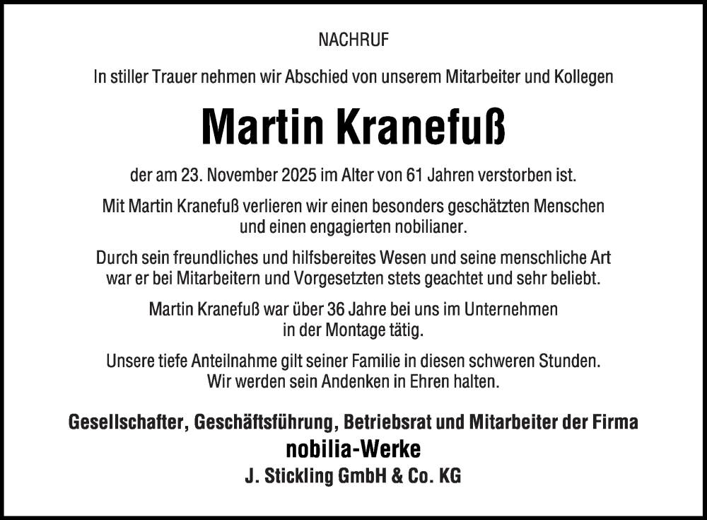  Traueranzeige für Martin Kranefuß vom 13.12.2025 aus Die Glocke