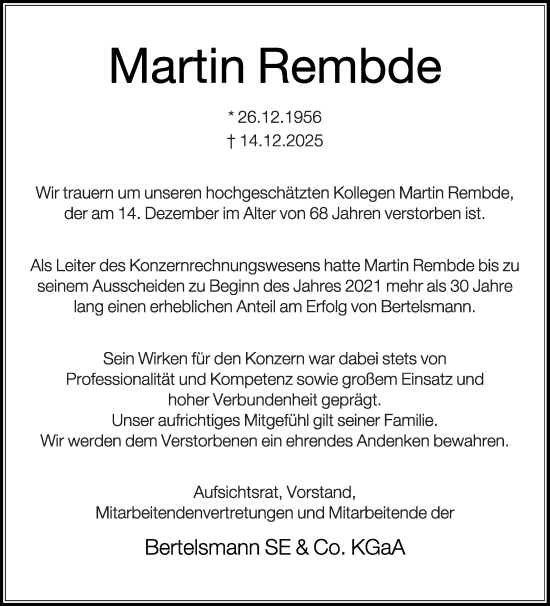 Traueranzeige von Martin Rembde von Die Glocke