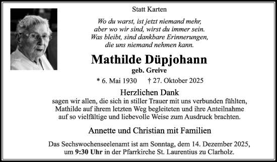 Traueranzeige von Mathilde Düpjohann von Die Glocke
