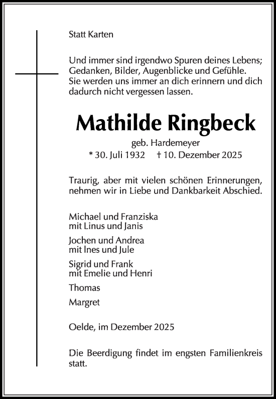 Traueranzeige von Mathilde Ringbeck von Die Glocke