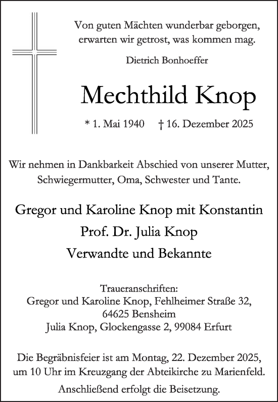 Traueranzeige von Mechthild Knop von Die Glocke