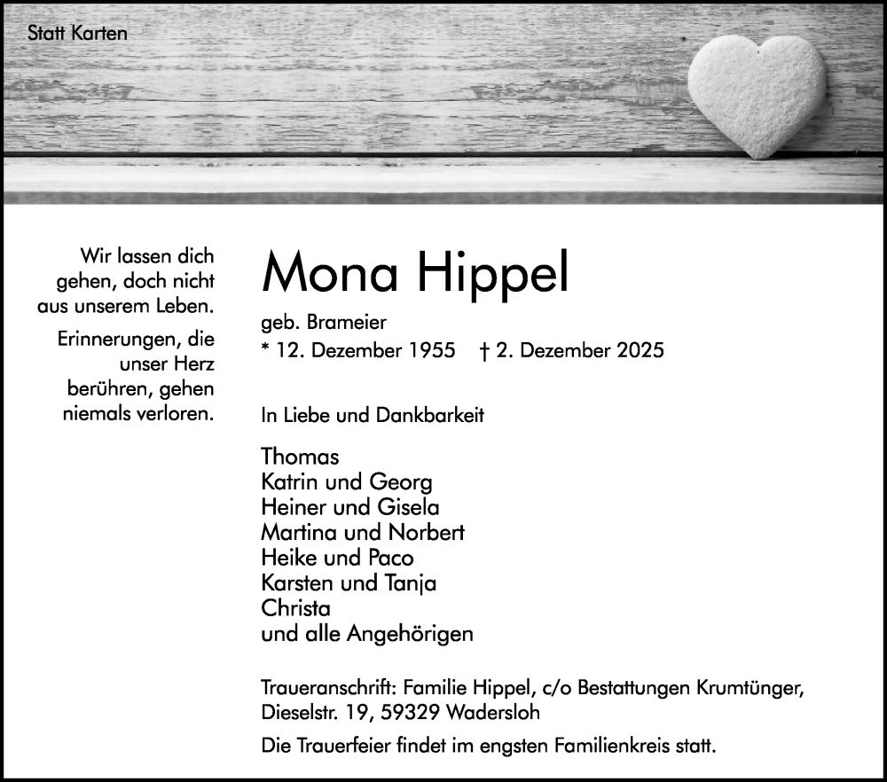  Traueranzeige für Mona Hippel vom 13.12.2025 aus Die Glocke