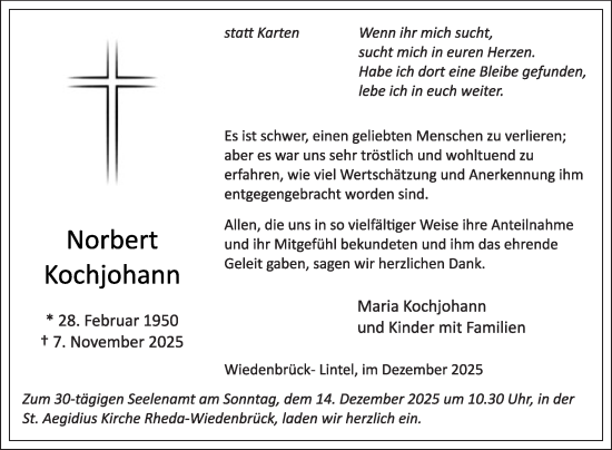 Traueranzeige von Norbert Kochjohann von Die Glocke